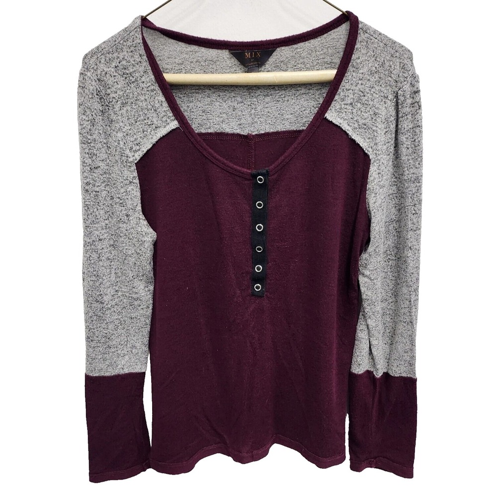 Mix By 41 Hawthorn Womens Long Sleeve Henley Top Large Burgundy Gray Soft Knit